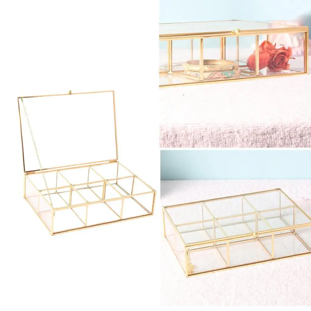 Vintage Golden Jewellery Organizer Lidded Metal Clear Display Lipstick Perfume Necklace Storage Dresser Countertop Decor