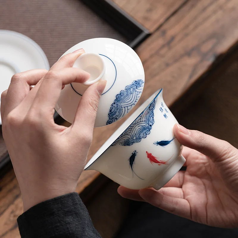 Large Capacity Hand-painted Jade Porcelain Gaiwan Kungfu Tea Making Bowl Hover Cover Bowl Multiple Options Available
