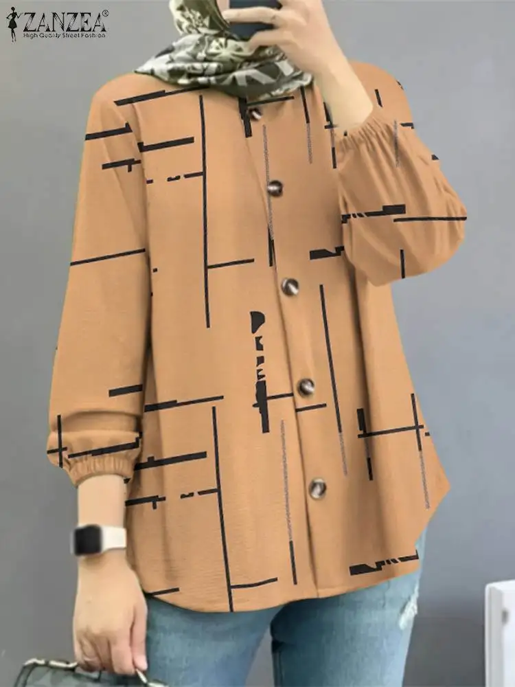 

2023 женская блузка ZANZEA осенние мусульманские девичьи Топы Eid Mubarek модные рубашки с длинным рукавом винтажные свободные женские блузы с принтом