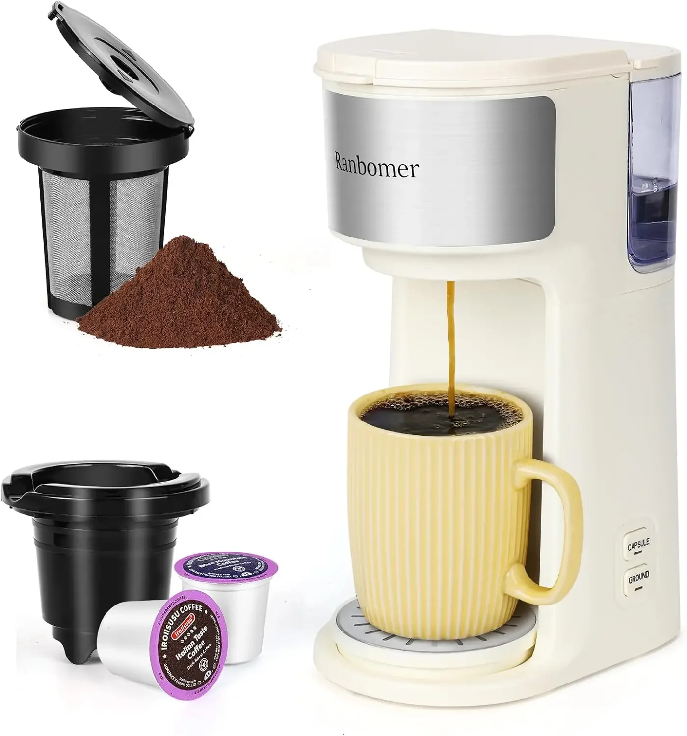 Single Serve Coffee Maker, K Cup and Ground Coffee Machine 2 in 1, 6 to 14 Oz Brew Sizes, Mini One Cup Maker (White)