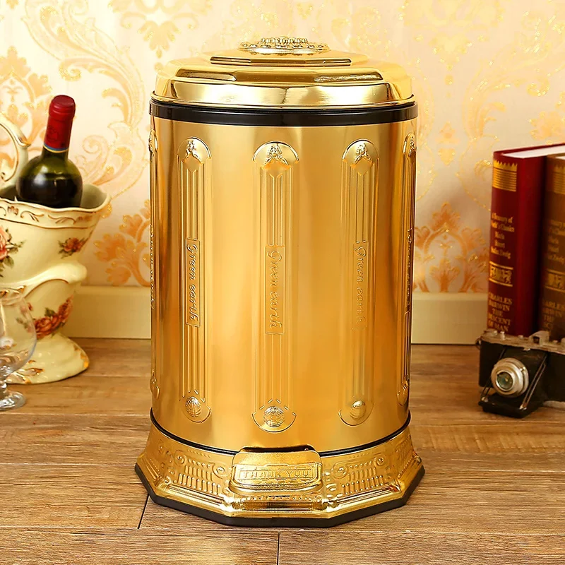 

Luxury 10/6 gold stainless steel metal trash can garbage cans with foot pedal trash box trash bag storage for home decor