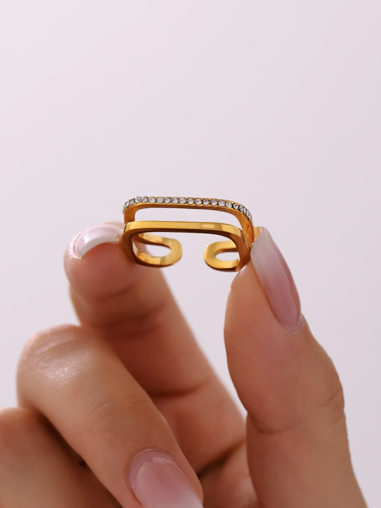 Neuer Grün-Weißer Zirkonia-Ring für Damen, Edelstahl Vergoldet 18k, Muschelperlen Doppelschichtiger Ring, Luxus-Schmuck für Mädchen – Detail 4