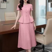 ZANZEA Elegant 2 Piece Outfits Women Short Sleeve Solid Top Tunic Long Skirts Summer Dress Sets Casual Office 2pcs Streetwear - Image 2
