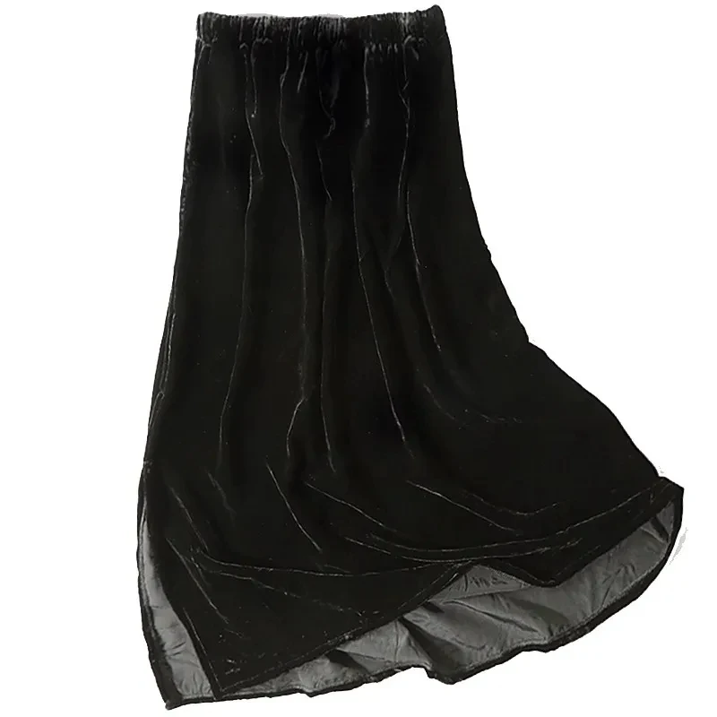 

Birdtree Golden Velvet Medium Length Silk Slit Skirt Black Straight Tube One-step Skirt Spring Autumn Women 2024 New B36045QM