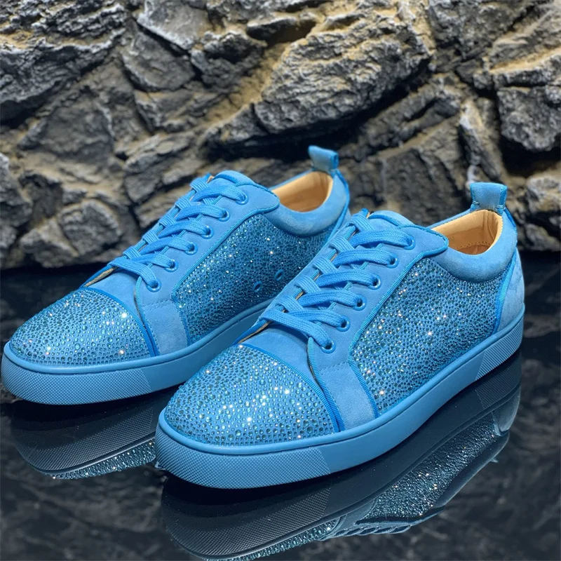 

Luxury Brands Blue Diamonds Crystal Low Tops Red Bottoms Shoes For Men's Casual Flats Loafers Women's Wedding Designers Sneakers