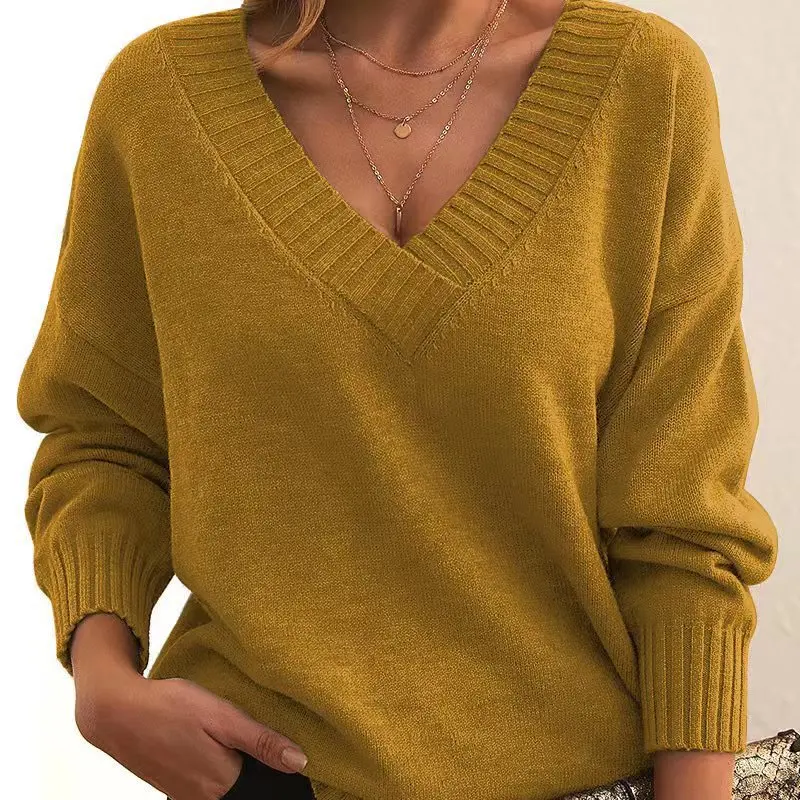 New Autumn and Winter Pullover Sweater for Women, Loose V-neck Casual Versatile Knitted Sweater Top 211