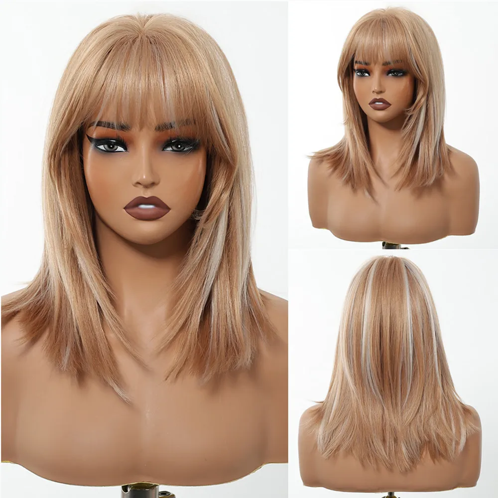 ALAN EATON 딸기 금발 합성 가발(뱅 포함) 중간 길이 레이어드 스트레이트 가발 천연 하이라이트 헤어 내열성