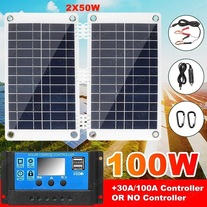 100W Folding Solar Panel Set Complete Flexible Plate 12V Outdoor Solar Cell Safe Charging Kit for Motor Car RV Battery Healthy