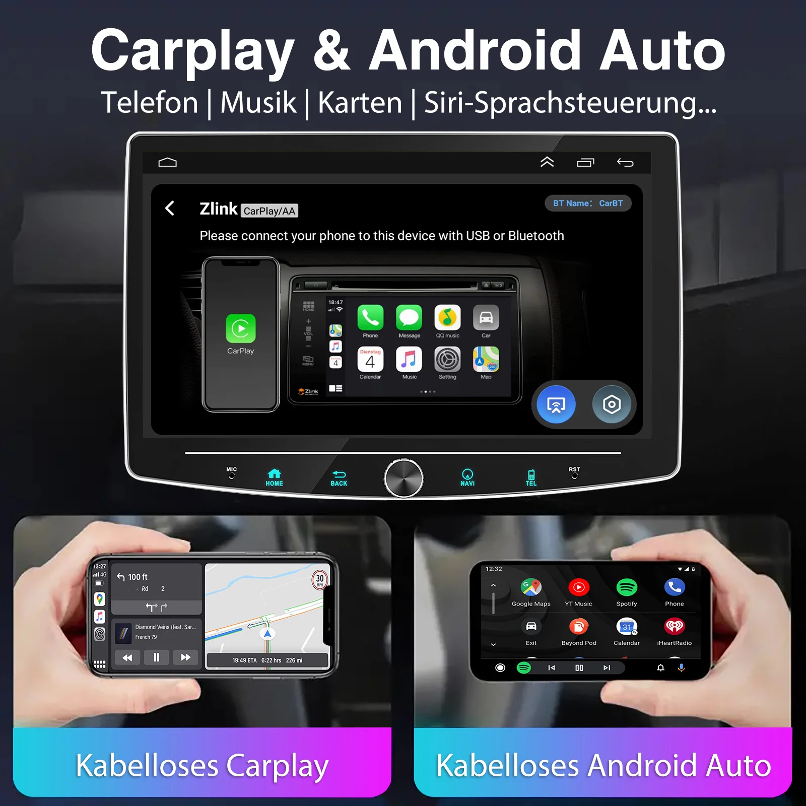ESSGOO 10.1" Android 14 1 DIN Drehbar HD Touchscreen Autoradio Multimedia Radio GPS Navigation 4G WIFI Bluetooth AM/FM Mikrofon Wireless Carplay Android Auto Mirror Link SWC RDS Split Screen 6+128G – Detail 9