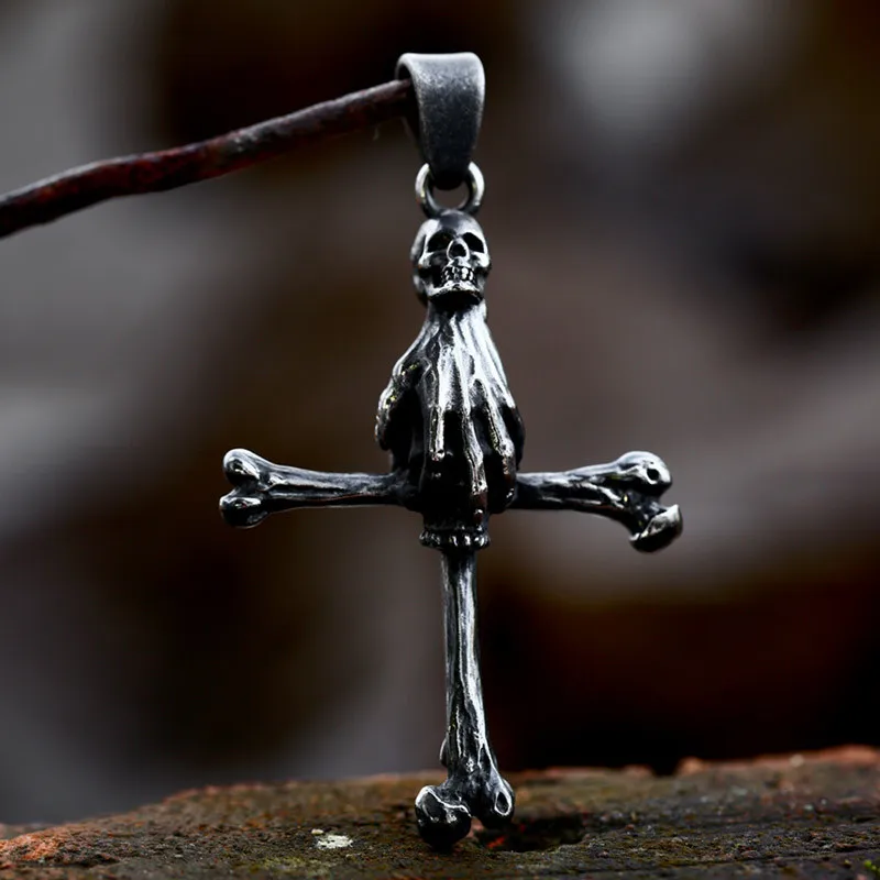 New Design Necklace 316L Stainless Steel Jewelry Punk Biker Vintage Skull Bone Pendant 3