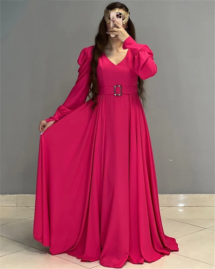 Sumnus Chiffon A Line Evening Dress With Sashes V-Neck Pleats Princess Women Party Prom Gowns Plus Size Custom Made formal gowns Evening Dresses