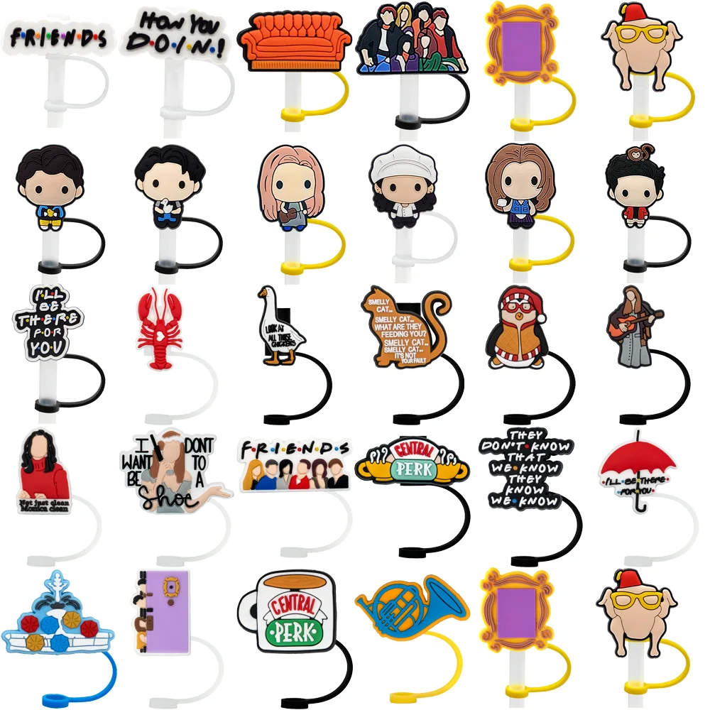 10 30PCS Cute Girl Straw Topper Classic Friends Silicone Straw Cover Cap for 8mm Drink Splashproof Plug Dustproof Tip straw cover