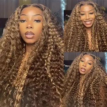 Honey Blonde Ombre Highlight Lace Front Wig Human Hair 13x6 Deep Wave HD Lace Curly WIG 1