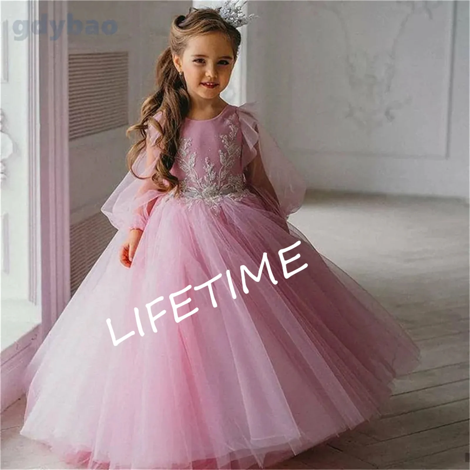 

Flower Girl Dresses Pink Delamination Weddings Tulle Princess Kids Little Bride Bow Evening Party First Communion Children Puffy