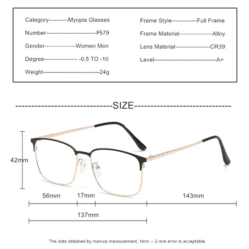 Prescription Glasses For Myopia -0.5 To -10 Blue Light Blocking Or Photochromic Lenses Alloy Frame Eyewear Men Women F579