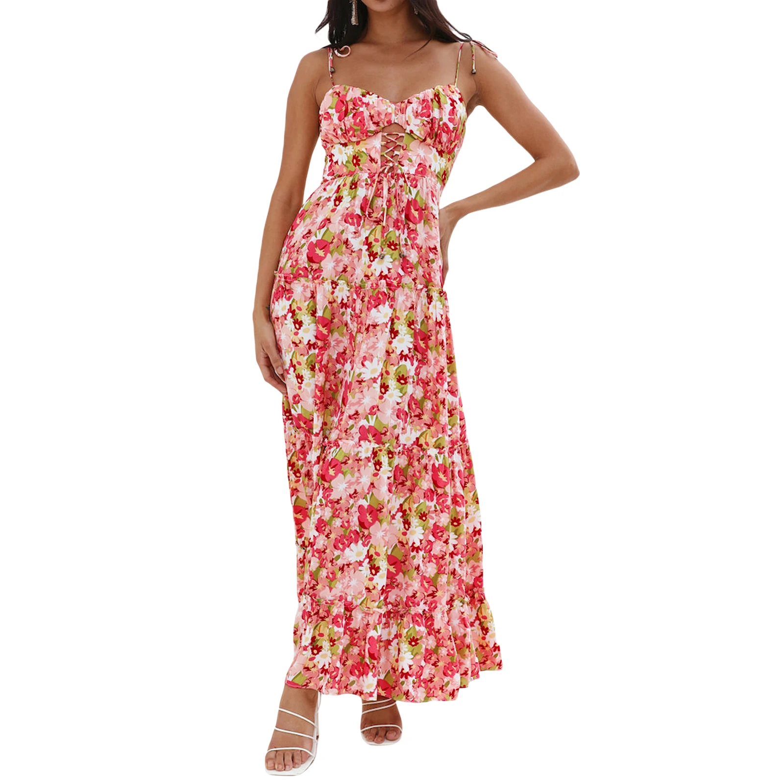 

Women's Summer Holiday Long Dress Floral Print Tie-Up Spaghetti Strap Backless Sleeveless Dress Fashion Beach Party A-Line Dress