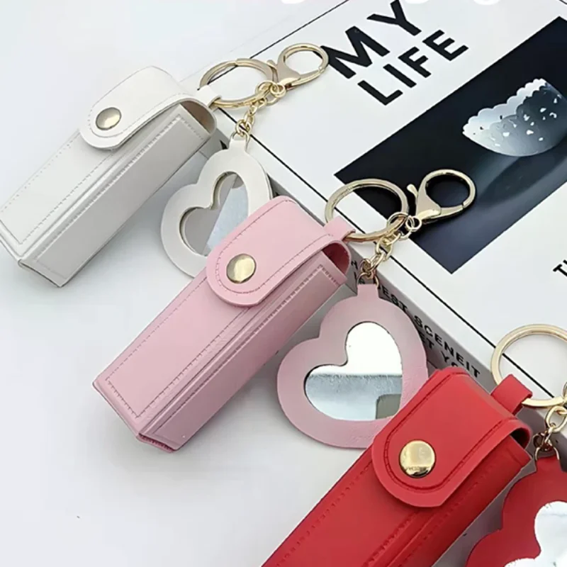 Solid Color Portable Lipstick Bags Wallet Keychain Mini Storage Bag For Women Lipsticks Protective Cover With Mini Makeup Mirror