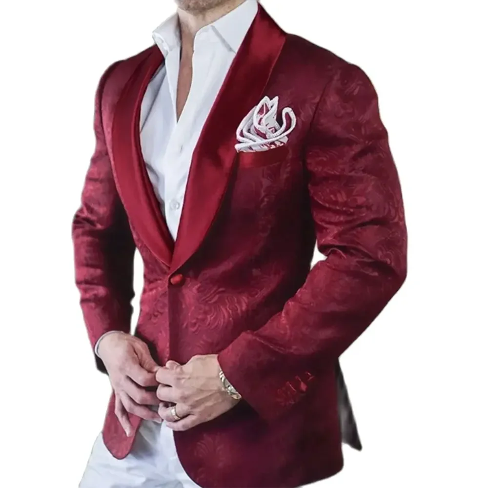 Elegant Red Jacquard Men's Jacket Single Button Shawl Lapel 1 Piece Male Outerwear Formal Wedding Party Business Gentleman Coat