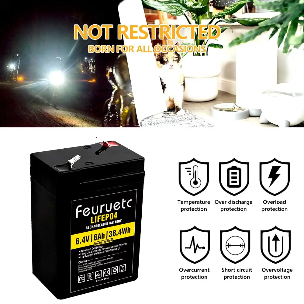 6V 6Ah LiFePO4 Lithium Battery, 2 PCS,2000 Cycles Rechargeable Lithium Iron Phosphate Battery, Used for Emergency Lights
