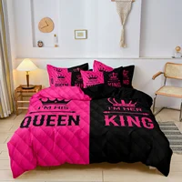 Ensemble de housse de couette imprimée King & Queen pour couple, 3 pièces, design romantique en couronne de cœur, contraste rose noir pour la douceur avec une élégance 3