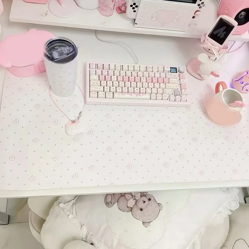 Lindo alfombrilla de ratón de cuero PU XXL con rollo de pescado de lunares rosas | Alfombrilla de escritorio de oficina para ordenador, portátil, teclado, dibujos animados, tipo velocidad, juegos