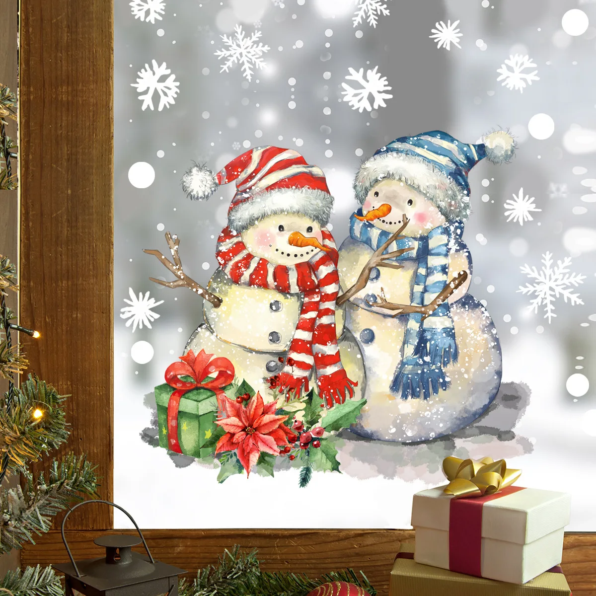 30*30cm Cartoon Couple Snowman Window Sticker Double Sided Visual Glass Sticker Christmas Valentine\'s Day Wall Sticker Ct6049