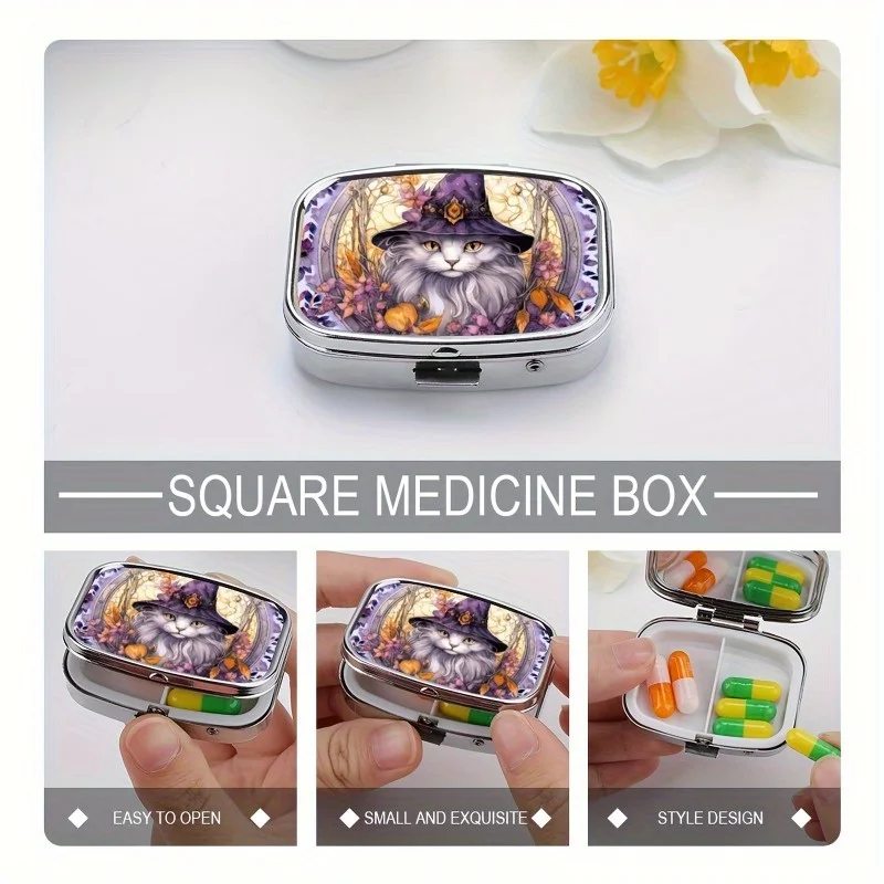 A Gorgeous Cat Wizard Medicine Kit - Mini 2-Grid Metal Medicine Organizer, Portable Travel Pocket Medicine Kit - Ideal Gift 5