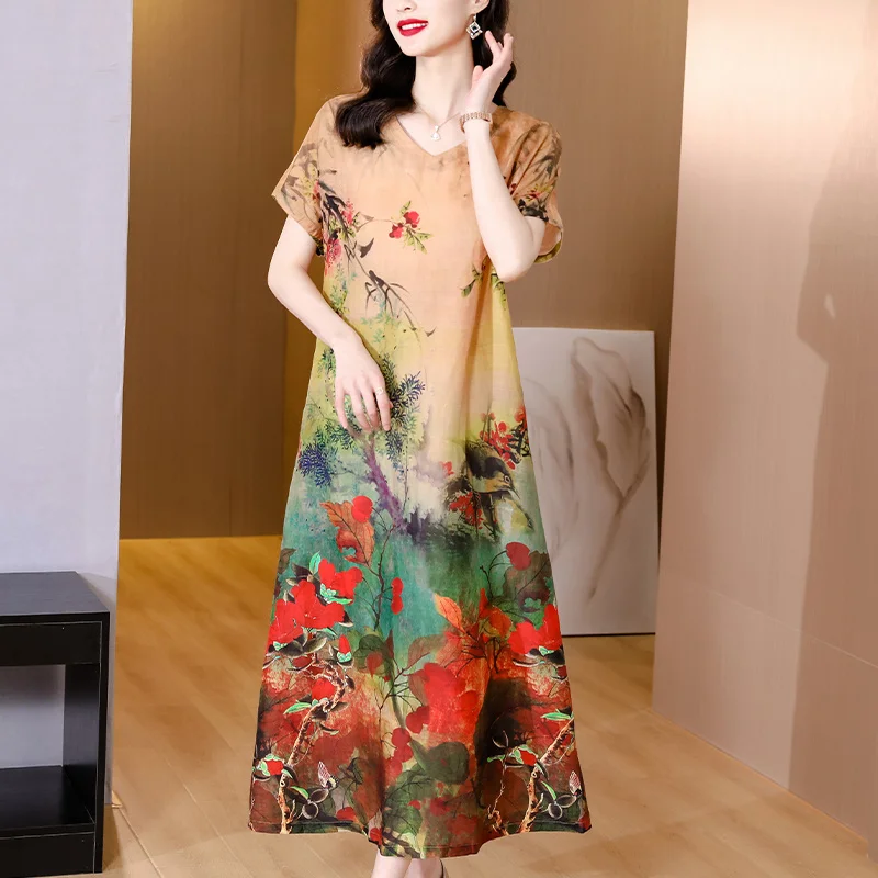 

Summer Spring Flower Print Cotton Linen Midi Women's Boho Fashion Beach Dress 2023 Korean Version Elegant Retro Vestidos