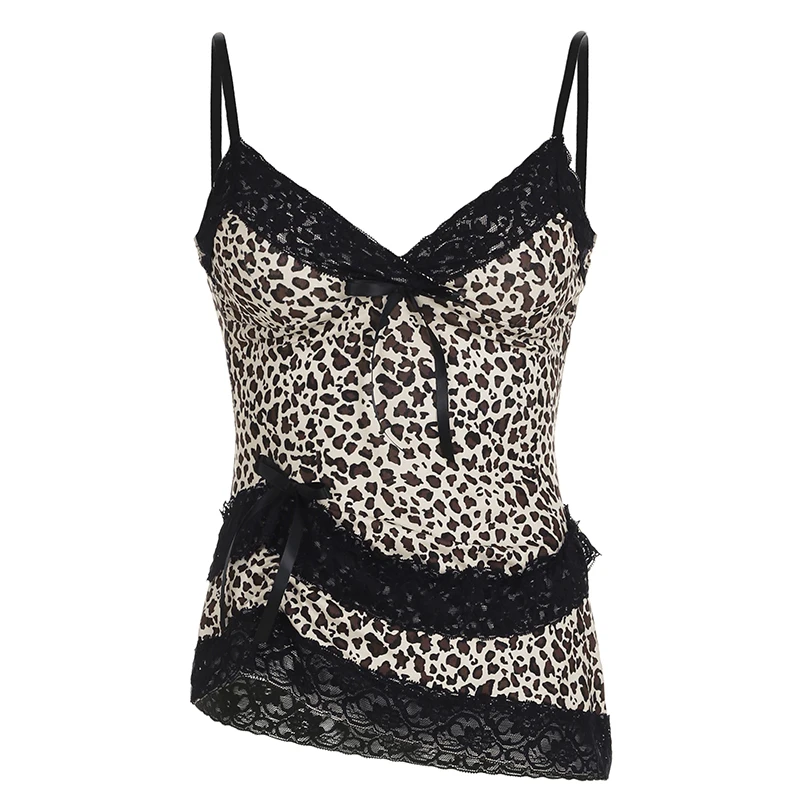 Camisola de encaje de leopardo con retazos estilo gótico Y2K, estilo urbano, con escote en V y lazo, estilo chaleco estético de moda para chicas