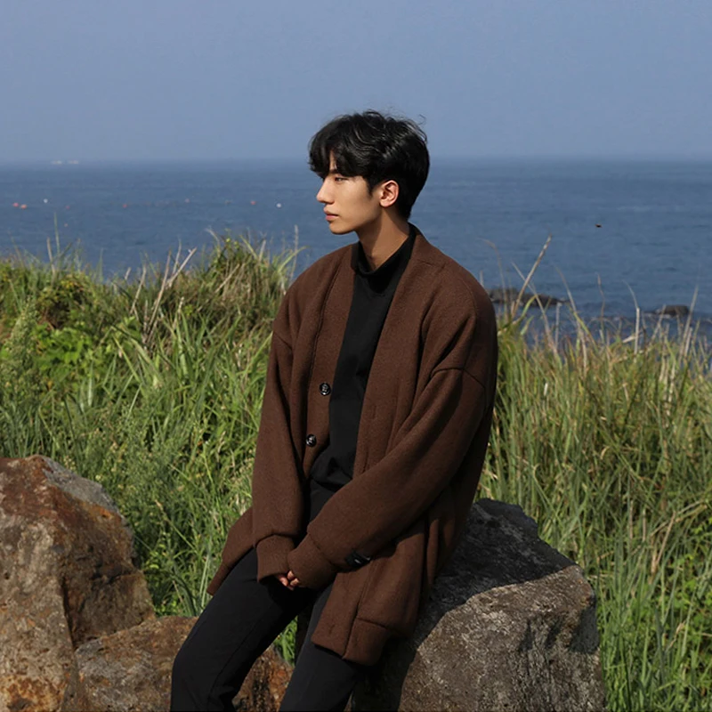 

2022 New Sweater Cardigan Men's Cotton Single Breasted Simple Solid Color Style Loose Knit Jacket Coat Korea Fashion Style L11