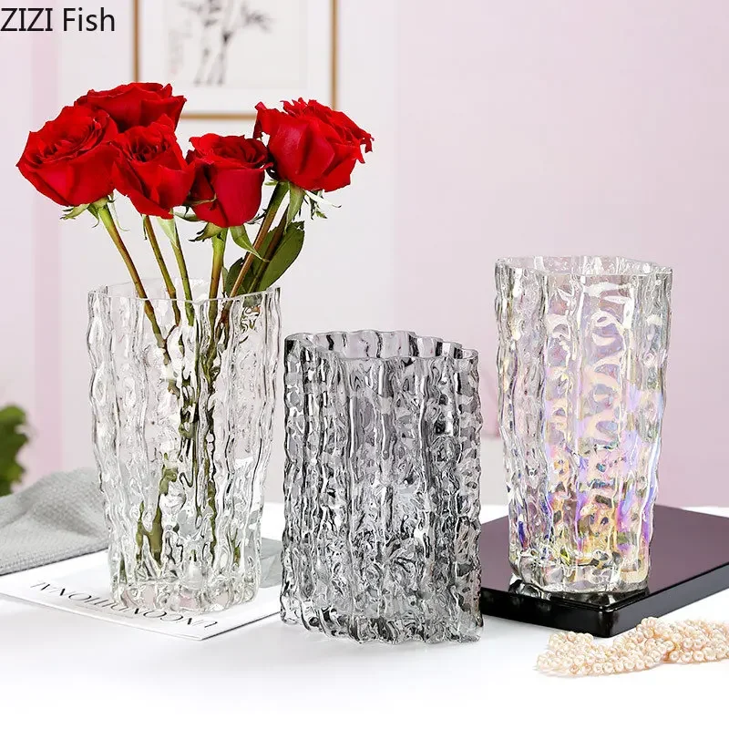 Transparent Glacier Wrinkle Glass Vase Hydroponics Flower Pots Desk Decoration Flowers Arrangement Floral Vase Modern Home Decor 5