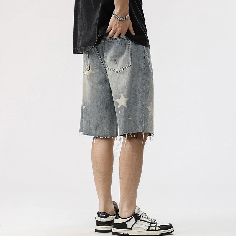 Summer Vintage Denim Shorts, Men's Retro Washed Knee Length Pants, High Street Thin Star Print Shorts