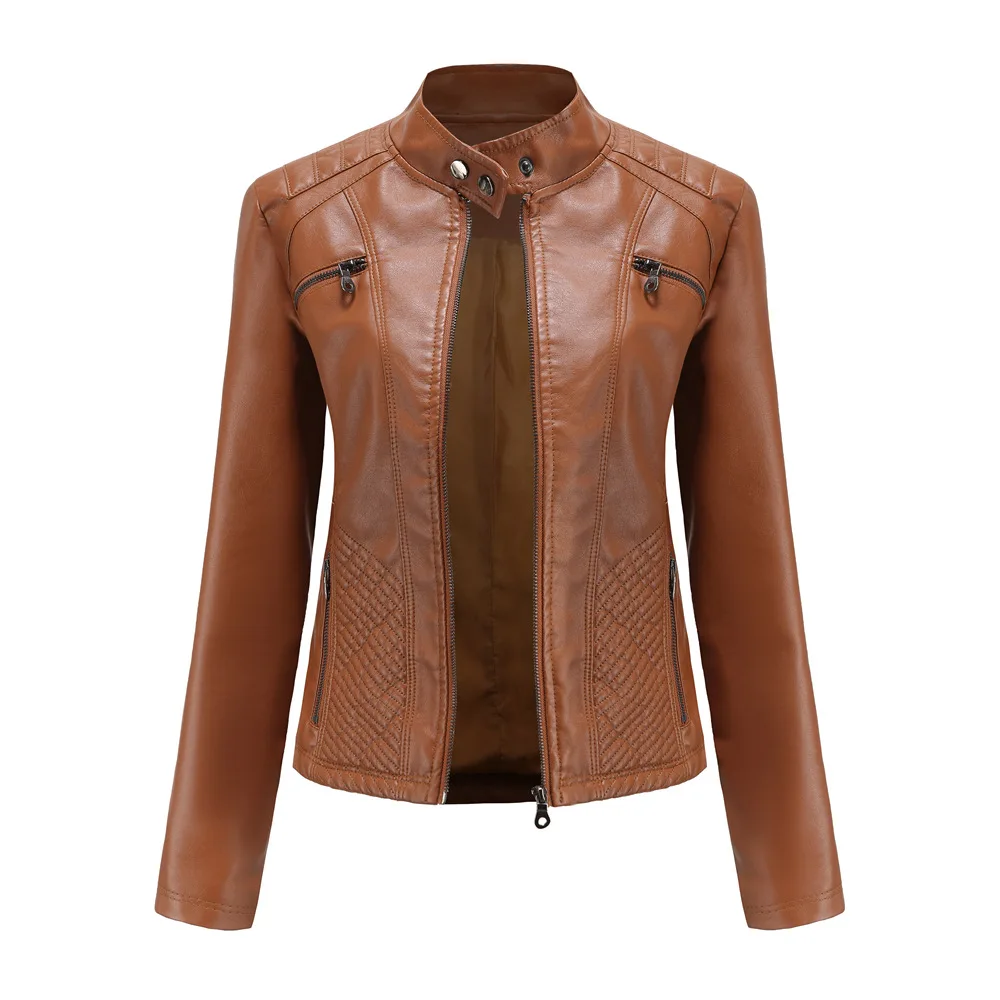Leather Jacket Women 2023 Autumn Spring Women\'s Moto Biker Zipper Jacket Red Black Apricot Coffee Coat Ladies Outerwear Brown