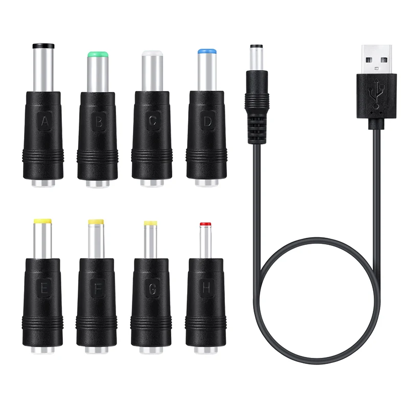 

8 In 1 5V USB To DC 5.5x2.1mm 3.5mm 4.0mm 4.8mm 6.4mm 5.5x2.5mm 6.3mm Plug Power Charging Cord For Fan Speaker Router LED Lamp