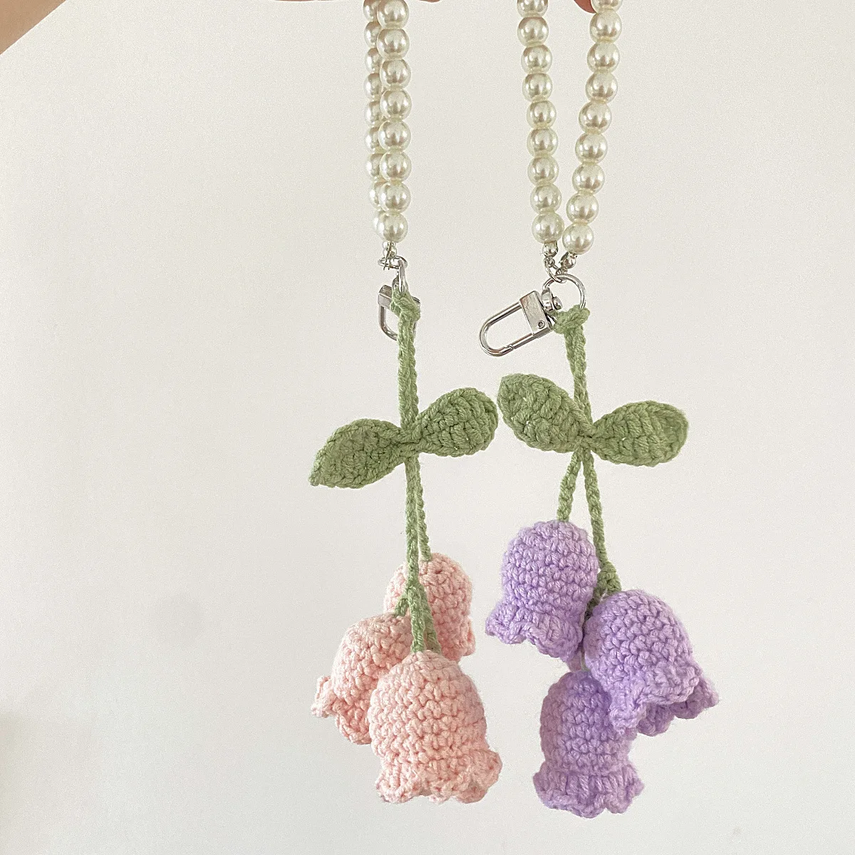 Cute Girl Pearl Keychain Korean Style Creative Chain Woolen Crochet Orchid Flower Keychain Bag Decorative Buckle