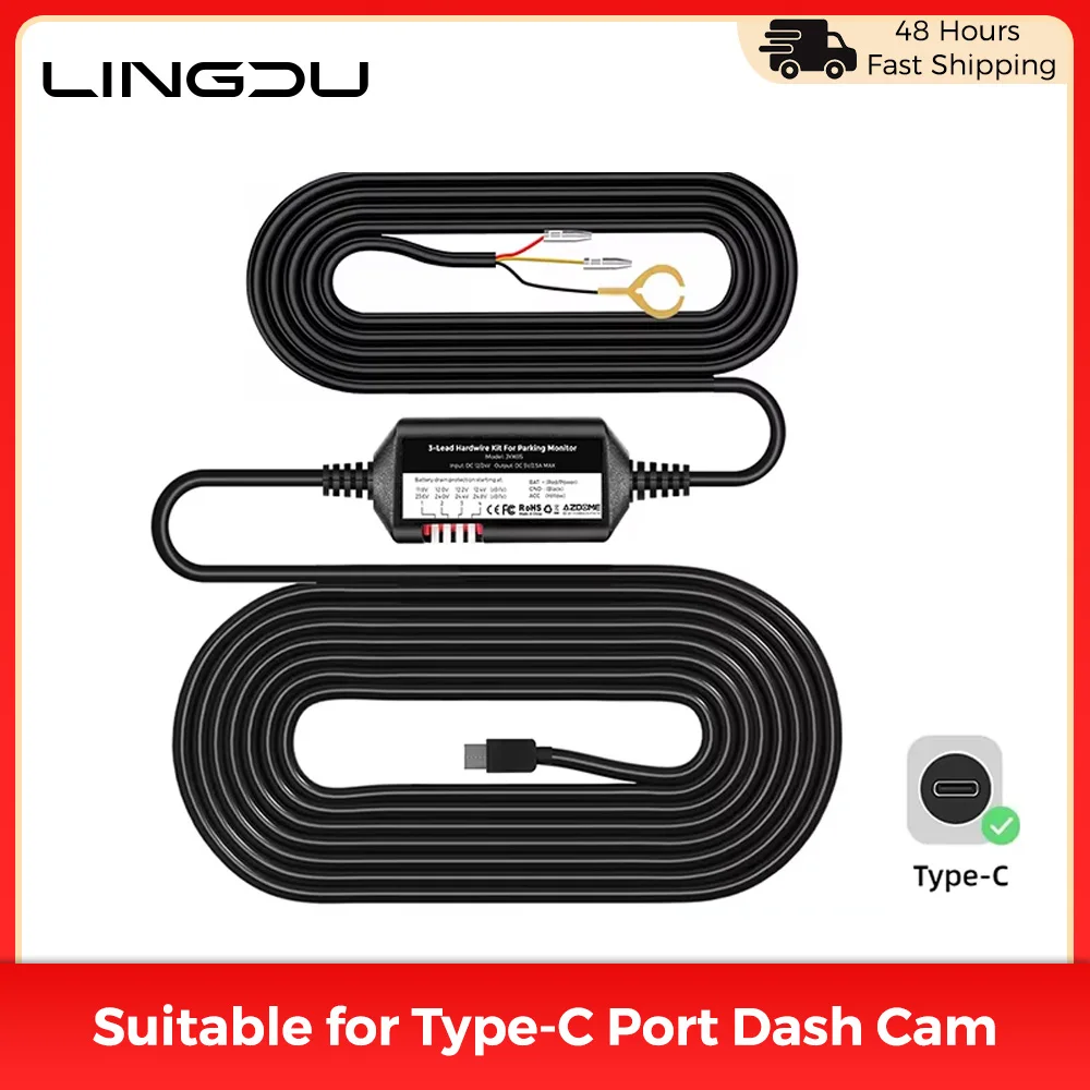 LINGDU Hardwire Kit Type C JYX05, 12V 24V to 5V 2.5A low voltage protection car DVR cable