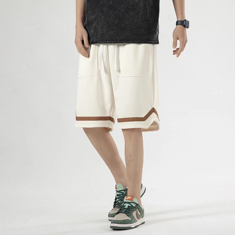 American Style Summer Men Elastic Waist Large Pocket Solid Color Patchwork Pants Striped Loose Lively Casual All-match Shorts