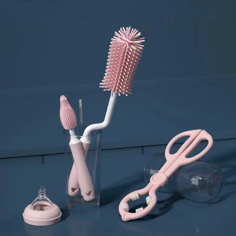Bottle Cleaning Brush Silicone Bottle Cleaning Brush Baby Pacifier Straw Scrubber Small Brush 360 Degree Glass Cup Washing Kitchen Cleaning Tool Set