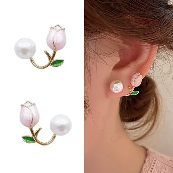Fresh Pink Rose Stud Earrings with Imitation Pearl – Trendy Jewelry