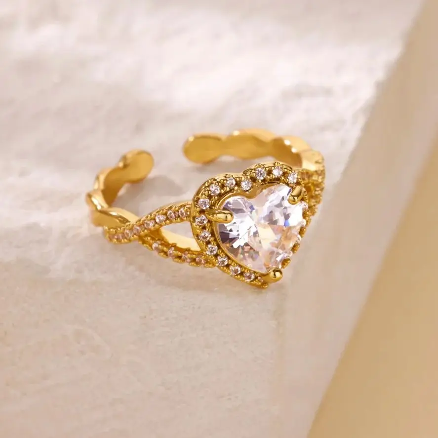 Zircon Heart Rings Gold Color Stainless Steel Adjustable Finger Ring