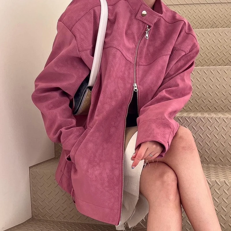 

Clothland Women Elegant Stand Collar Jacket Zipper Long Sleeve Pink Black Coat Outwear Thick Tops Mujer CA846