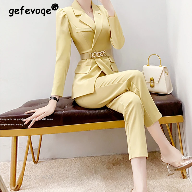 2 Piece Sets Women 2024 Spring Korean Fashion Office Lady Business Casual Elegant Blazer High Waist Slim Solid Suit Pants Outfit