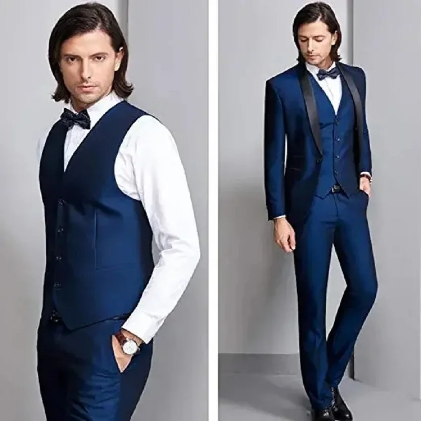 Men Shawl Lapel 3-Pieces Suit Slim Fit One Button Dress Suit Blazer Jacket Pants Tux Vest Men Suits With Pants Costume Homme