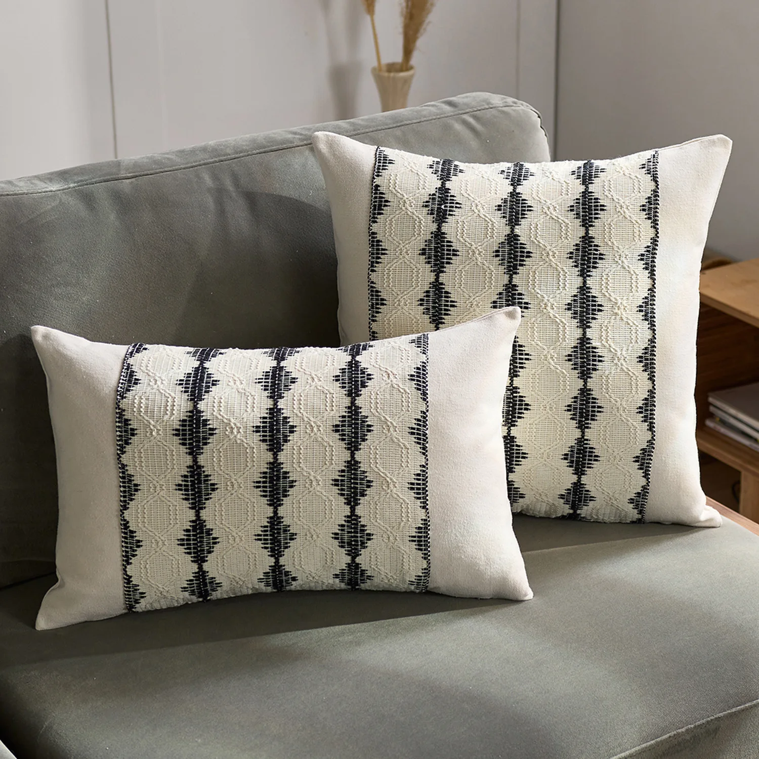Rustikaler Retro-Quadrat-Boho-Lendenwirbel-Kissenbezug, weiches Leinen, Bauernhaus-Kissenbezüge, neutrales Sofa, Wohnzimmer, Zuhause, dekorativ – Detail 13