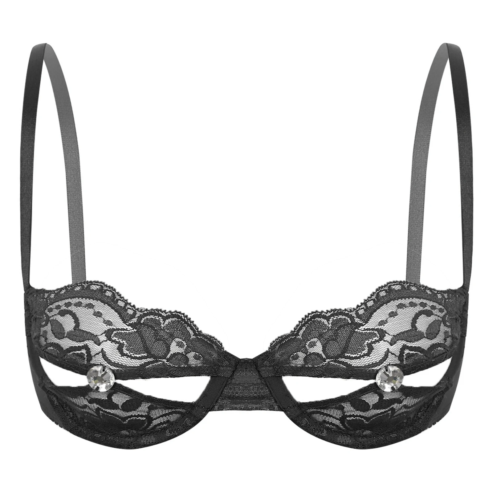 Sujetador sin forro con pezón abierto y diamantes de imitación brillantes para mujer, lencería transparente de encaje Floral, ropa interior con sujetador de media copa de realce
