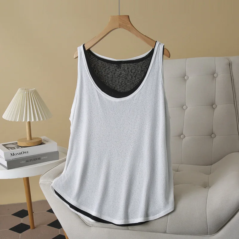 Summer New Plus Size Tank Top Women's Wear 100KG Casual Thin Elastic Double Layer Sleeveless Vest 1650