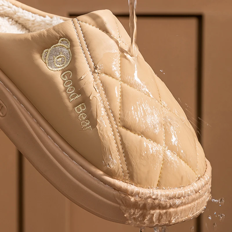 Pu Leather Waterproof Fur Slippers Women Lovely Bear Embroidery Women's Home Slippers Winter 2025 Platform Plush Warm Slides