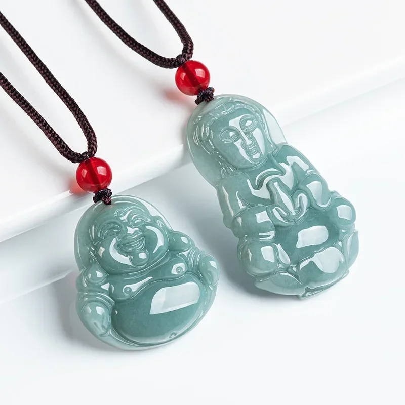 Natural A-grade Jade Blue Water Medium Guanyin Buddha Statue Pendant Necklace pendant necklace For Men's Gifts Women's Ice Jadeite Charms Jewelry