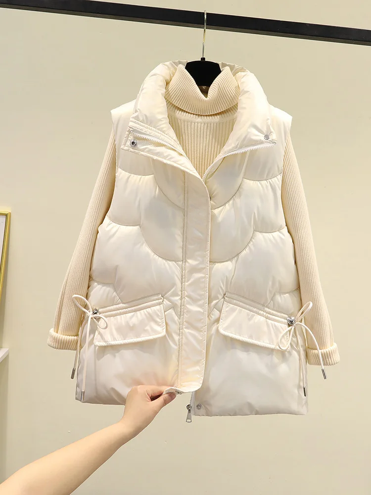 

2022 Winter Warm Female Sleeveless Jacket Solid Casual Fashion Coat Vest Autumn Elegant Women Stand Collar Cotton Padded Clothes