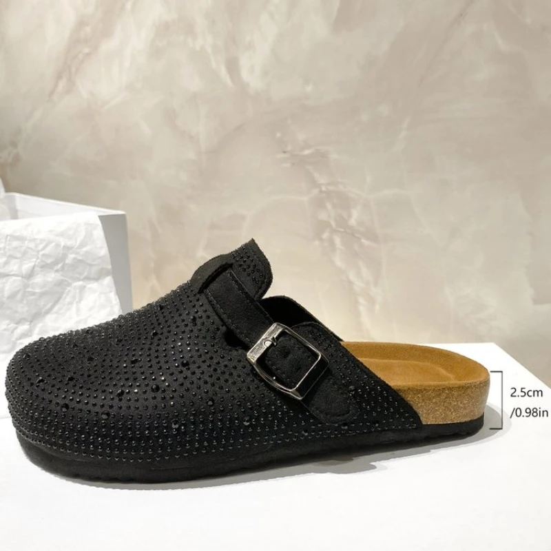 Shiny Rhinestones Outdoor Slippers Women's Shoes 2024 Summer Trend Luxury Platform Sandals Black Buckle Cork Clog Luxury Mules 6